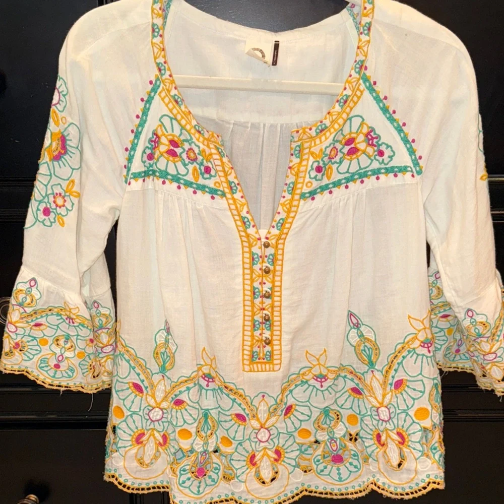 Anthropologie White Embroidered Peasant Tunic with Yellow & Turquoise Accents - Picture 3 of 5